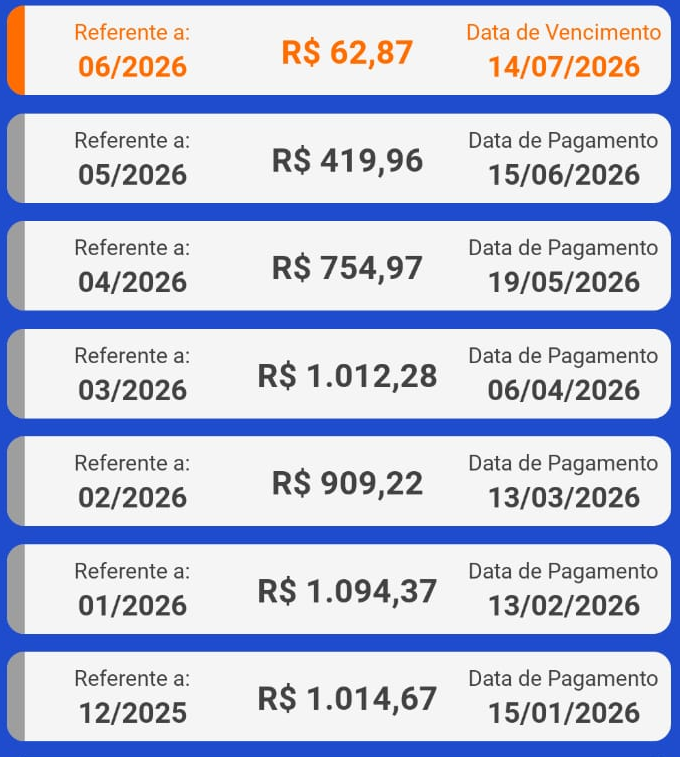 Lista das faturas do cliente, de dezembro de 2025 a junho de 2026
